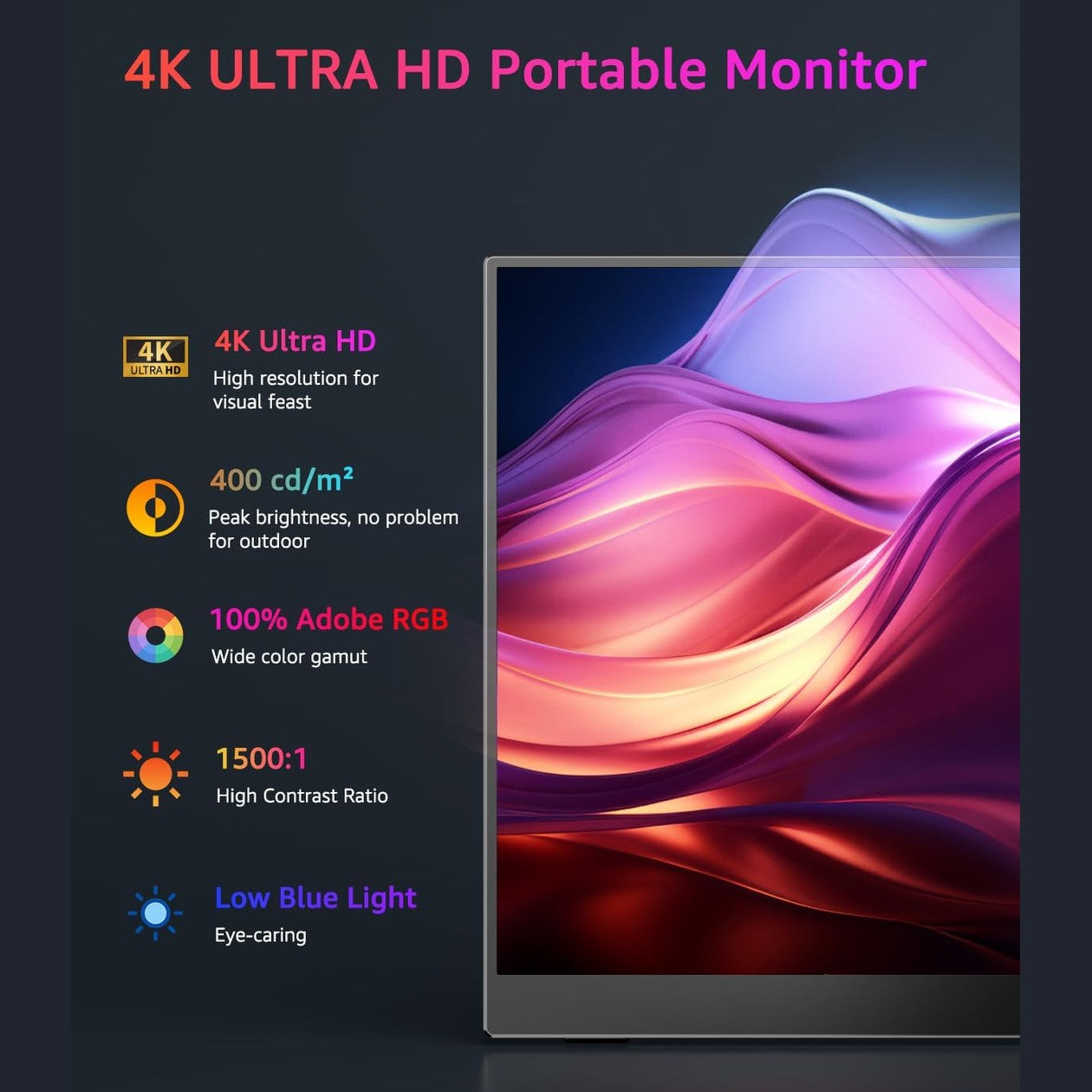 Yodoit 15.6" 100% sRGB 4K Portable Monitor - UHD IPS Display with USB Type-C Port, Integrated Speakers and Smart Coverage - Compatible with PC and Laptop