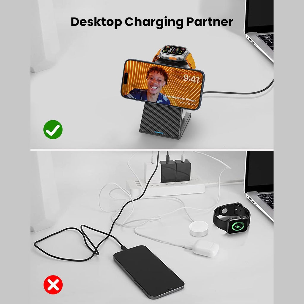 3 in 1 Wireless Charging Station, Foldable Magnetic Charger Stand for Multiple Devices, Wireless Charger for iPhone 16/15/14/13/12, Apple Watch 9/8/7/6/SE/5/4/3/2, AirPods 4/3/2/Pro