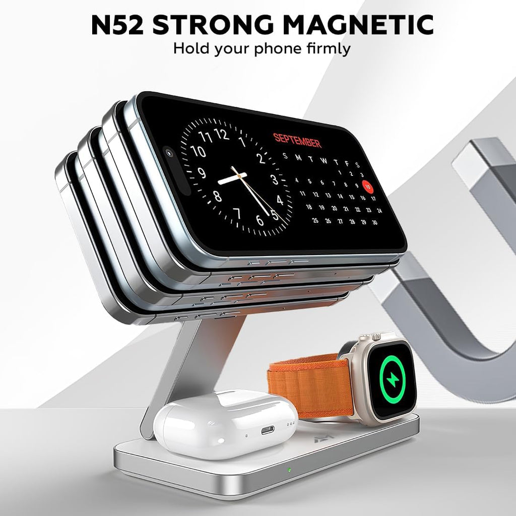 Foldable 3 in 1 Wireless Charging Station for Apple Compatible with Magsafe Charger Stand, Magnetic Wireless Charger Station for iPhone 16 15 14 13 12 Series, Airpods Pro, Apple Watch (White)