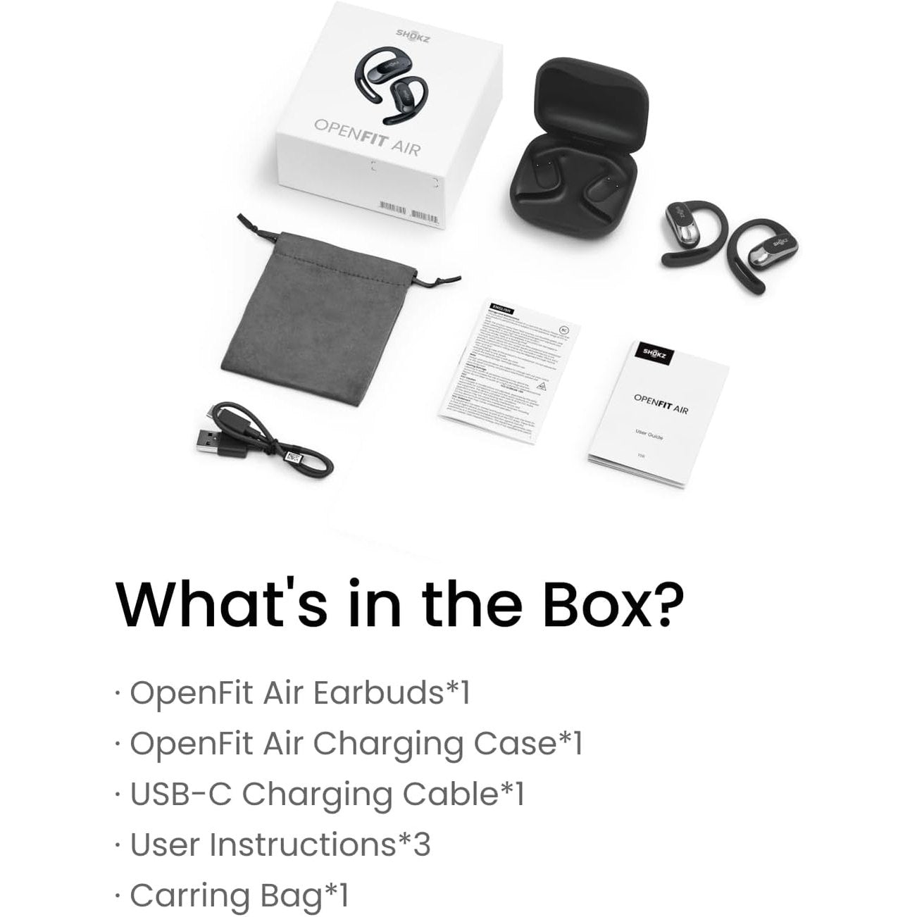 SHOKZ OpenFit Air Open-Ear Headphones, True Wireless Bluetooth Earphones with Microphone, Earbuds with Air Earhook, Fast Charging, 28h Playtime, IP54 Waterproof for Workout - Black