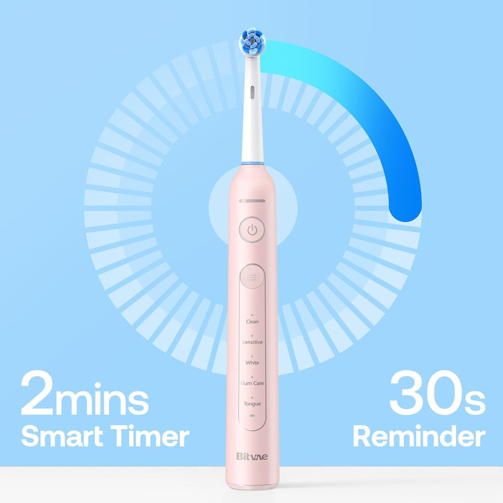 Bitvae R2 Rotating Electric Toothbrush for Adults with 8 Brush Heads, Travel Case, 5 Modes Rechargeable Power Toothbrush with Pressure Sensor, 3 Hours Fast Charge for 30 Days, Pink