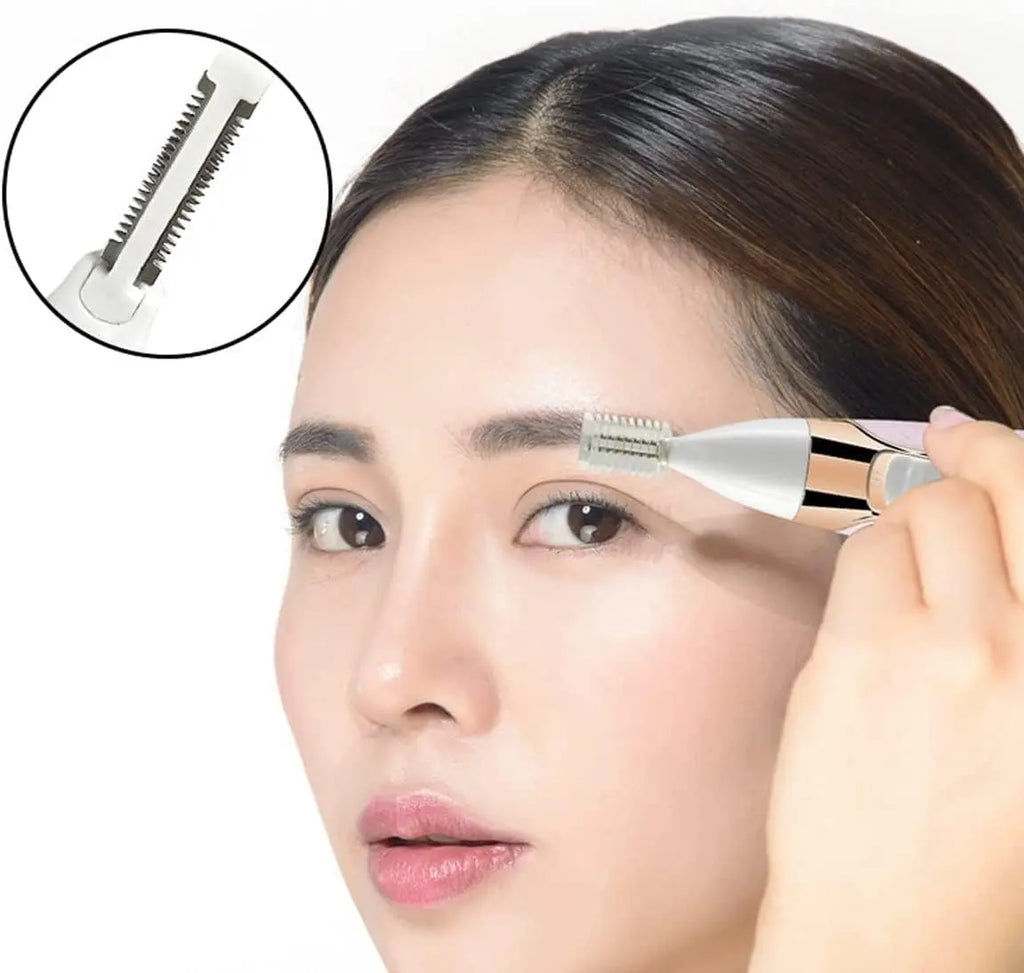 Pink and white electric eyebrow trimmer with dual-sided cutting edge for precise shaping