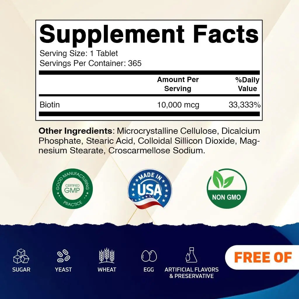 Vitamatic Biotin 10,000 mcg (10 mg) for Stronger Hair, Skin & Nails - 365 Vegan Tablets- Also Called Vitamin B7