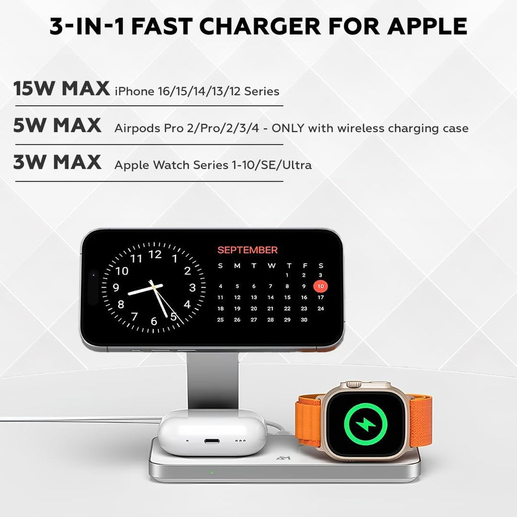 Foldable 3 in 1 Wireless Charging Station for Apple Compatible with Magsafe Charger Stand, Magnetic Wireless Charger Station for iPhone 16 15 14 13 12 Series, Airpods Pro, Apple Watch (White)