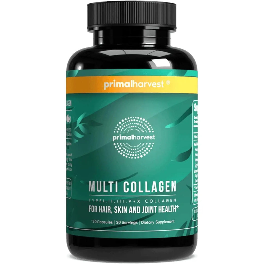 Primal Harvest Multi Collagen Pills for Women and Men (Type I, II, III, V, X) 120 Capsules w/Vitamin C for Hair, Skin, Nails