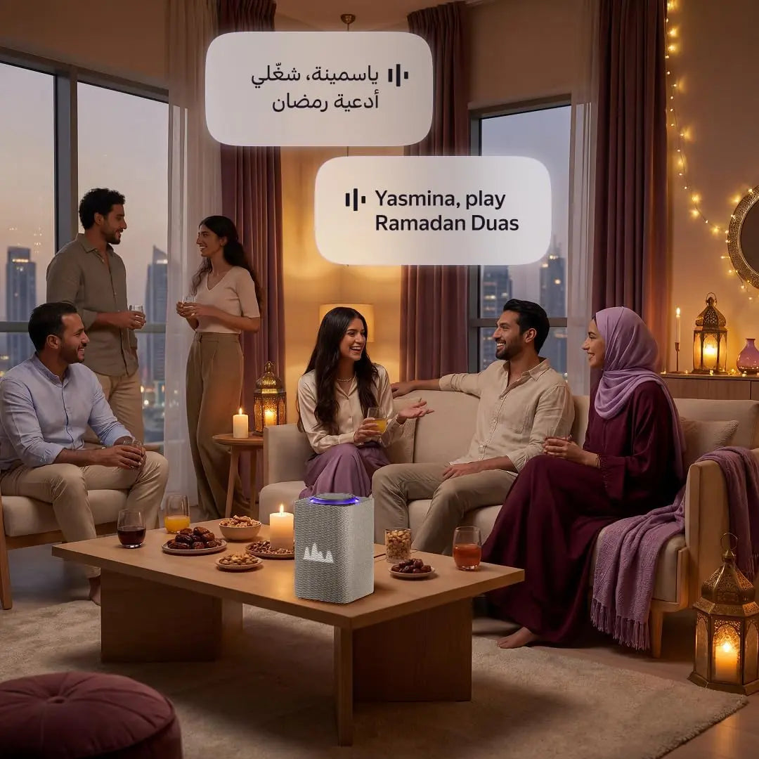 Yango Yasmina Max AI Smart Speaker, Arabic Khaleeji & English, 65W Ultimate Sound, Quran, Zigbee Smart Home Hub, Routine Helper for Luxury Homes & Families, Beige