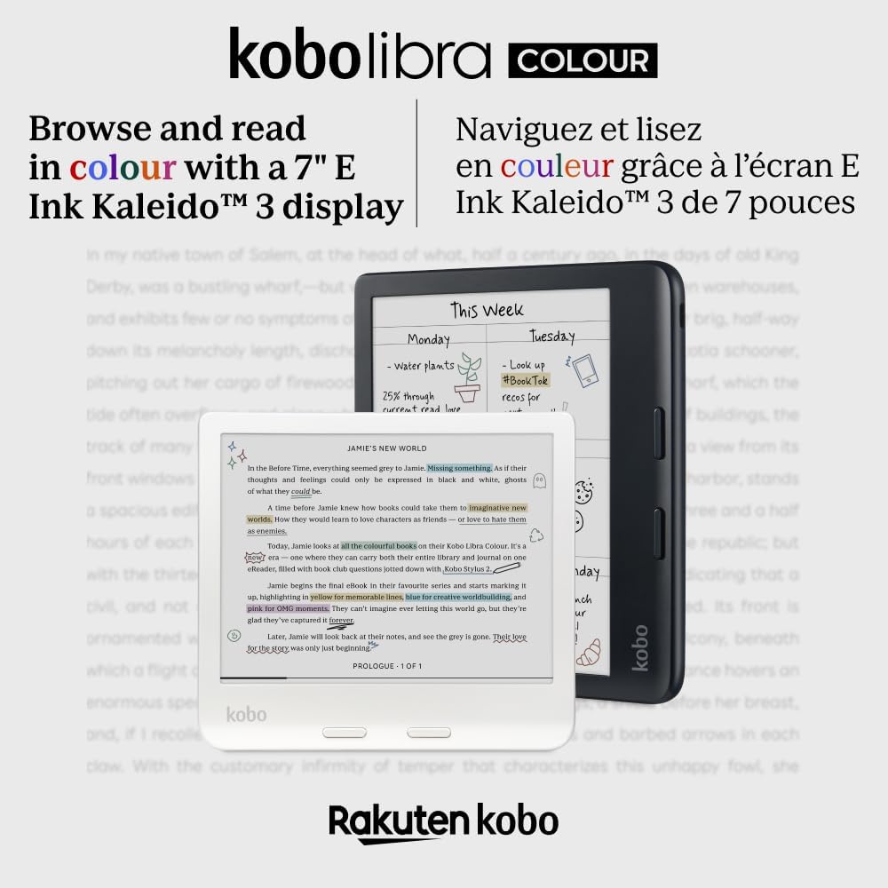 Kobo Libra Colour eReader | 7" E Ink Kaleido™ 3 Display | Adjustable Color Temperature and Brightness | Blue Light Reduction | eBooks and AudioBooks | 32GB Memory | Water Resistant | White