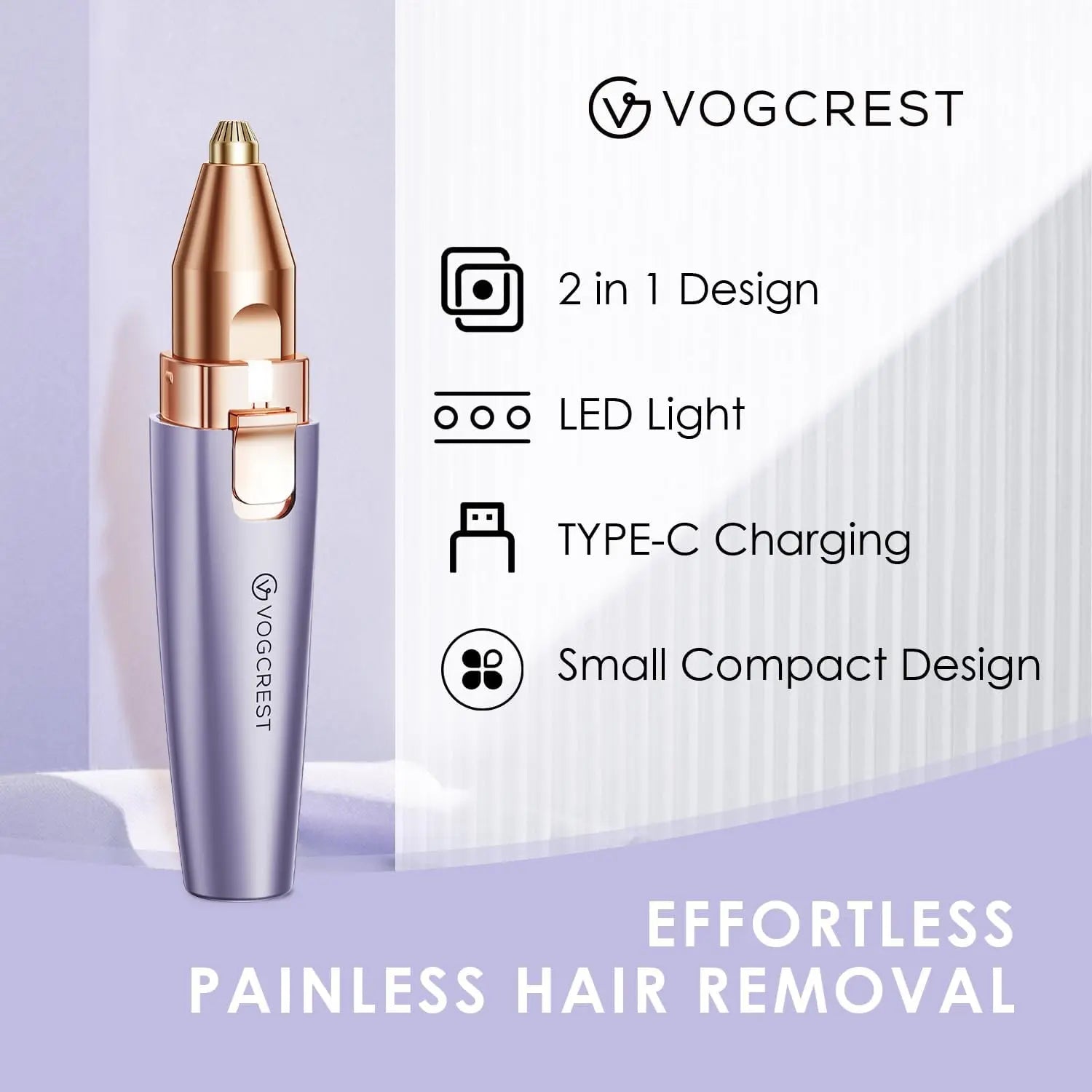 Compact purple facial hair remover with LED light and Type-C charging port