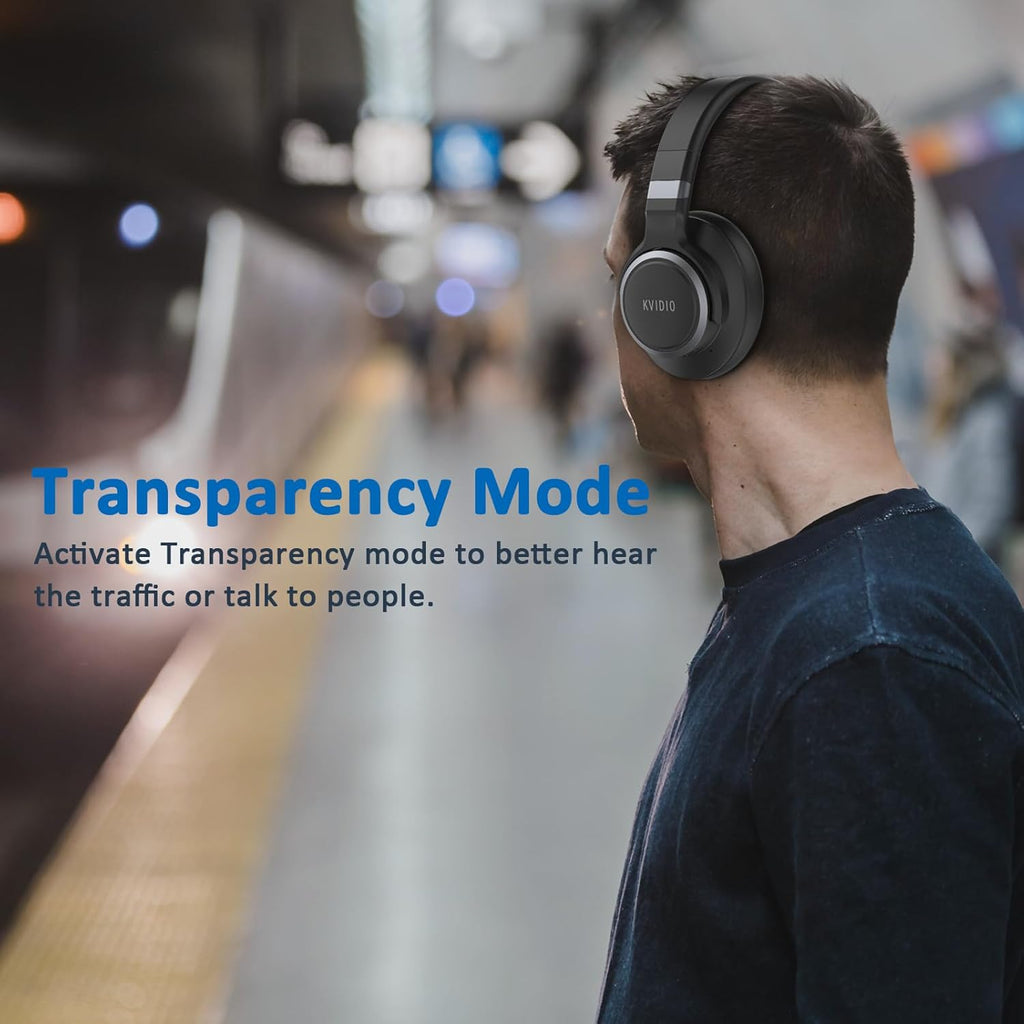 KVIDIO Active Noise Cancelling Headphones, 65 Hours Playtime Bluetooth Headphones with Microphone, Transparency Mode, Deep Bass and Hi-Fi Stereo Sound (Black)