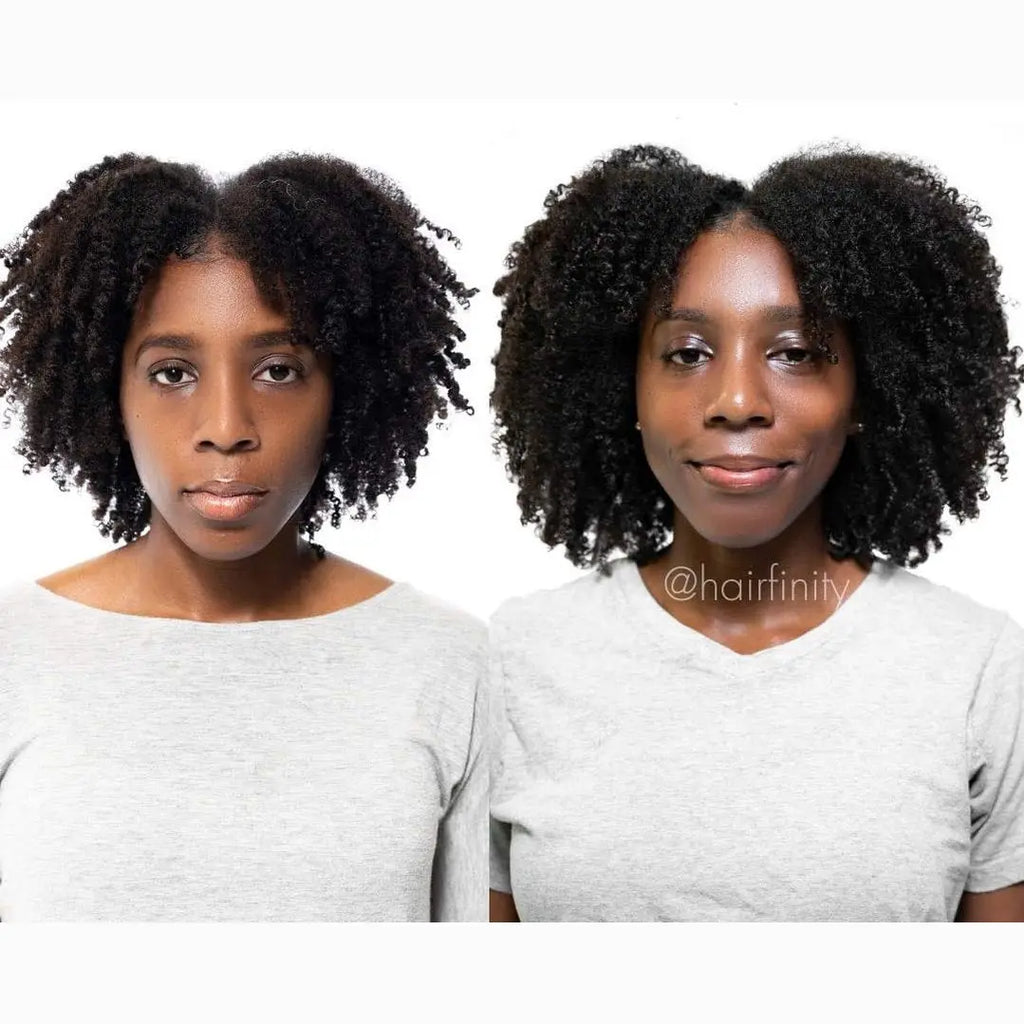Black woman curly hair before and after using Hairfinity biotin vitamins for fuller growth