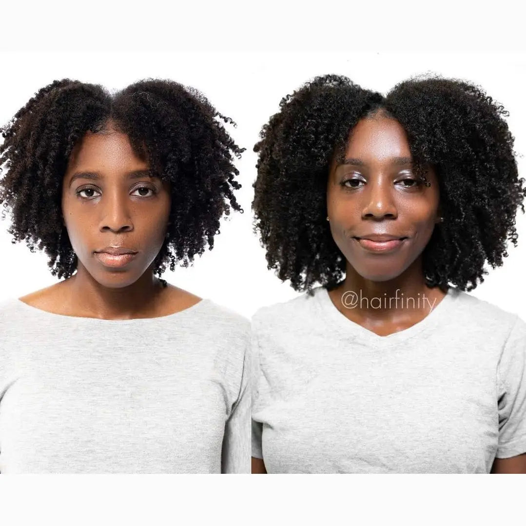 Black woman curly hair before and after using Hairfinity biotin vitamins for fuller growth
