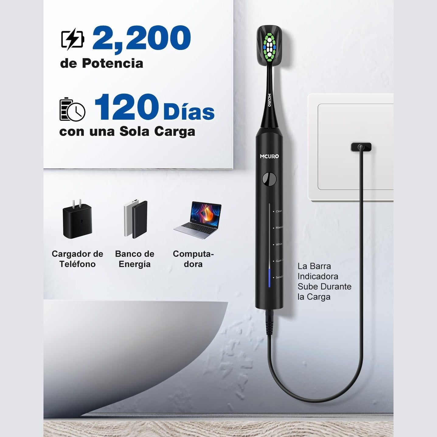 Electric Toothbrush, Sonic Toothbrush, Electric Toothbrush 45000VPM, Whitening Teeth in 1 Week, 120 Days Battery Life, Battery Level Indicator, 6 Dupont Brush Heads, 5 Modes, Timer, Black