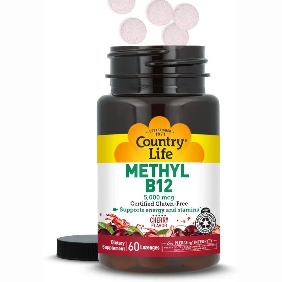 Country Life Methyl B12, Supports Energy & Stamina, 5,000mcg, 60 Lozenges, Certified Gluten Free, Certified Vegan, Certified Non-GMO Verified