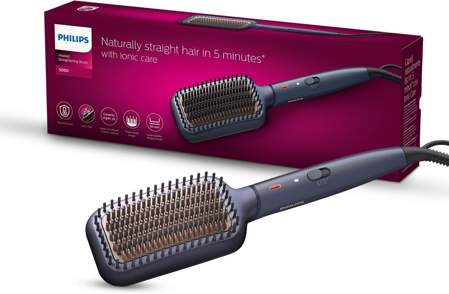 Philips Hair Straightener Brush- Advanced Ionic Care For 5X Better Frizz Free Hair In 5Min I Style With 2X More Volume|Stunning Shine I No Scalp Burns|Argan Oil Bristles|Bhh885/10,Black,50 Watts