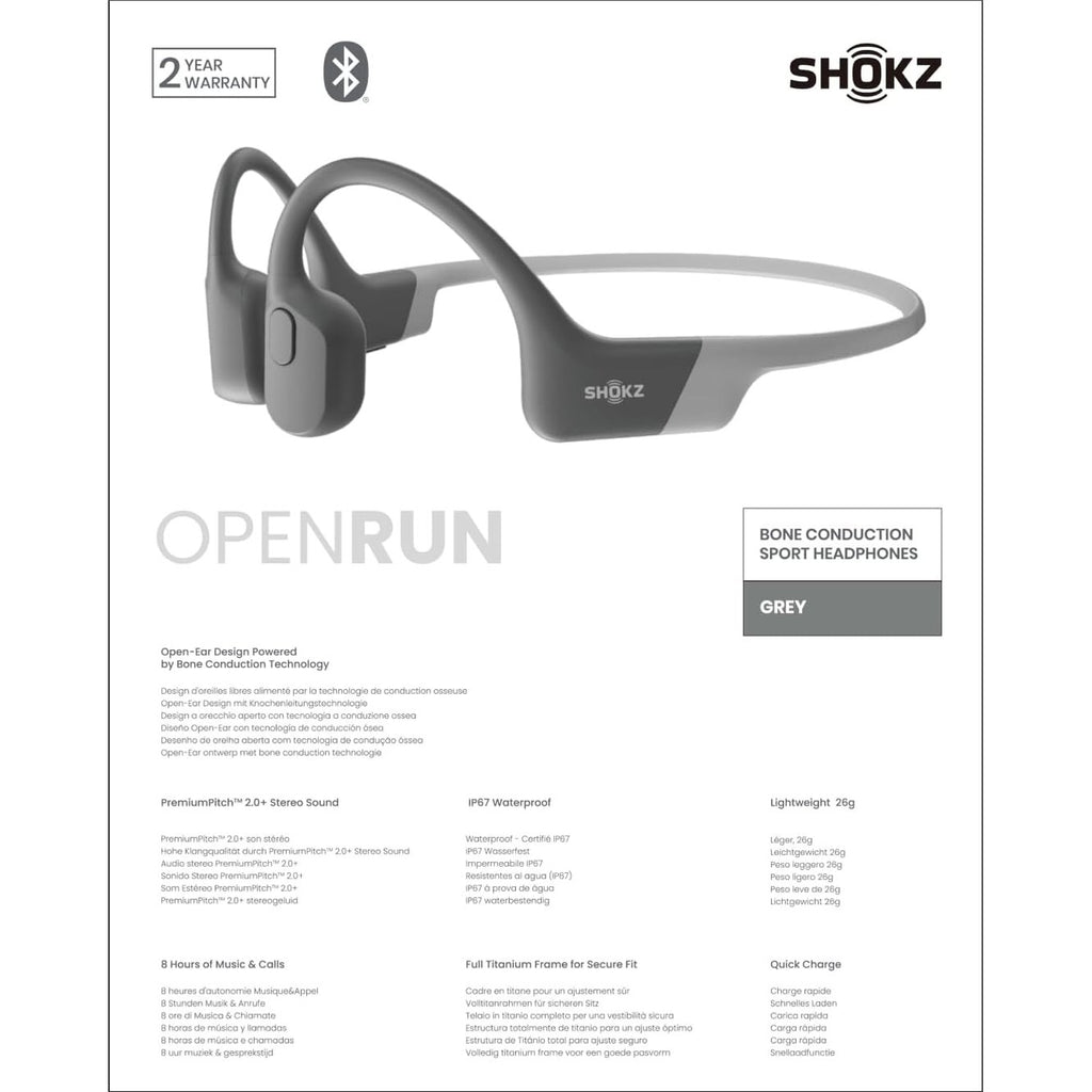 SHOKZ OpenRun Wireless Bone Conduction Headphones, [England Athletics Recommended] Open-Ear Bluetooth Earphones with Mic, Waterproof Sports Headset with 8H Playtime for Running Workout(Lunar Grey)