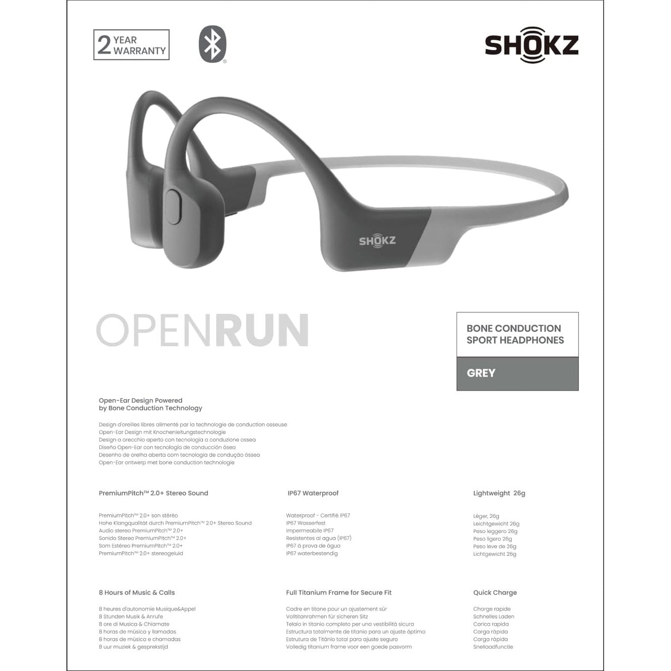 SHOKZ OpenRun Wireless Bone Conduction Headphones, [England Athletics Recommended] Open-Ear Bluetooth Earphones with Mic, Waterproof Sports Headset with 8H Playtime for Running Workout(Lunar Grey)