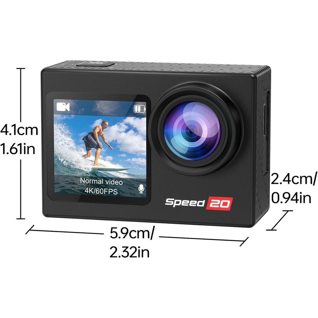 Hiicam Speed 20 Action Cam 4K60FPS 40MP WiFi Underwater Camera 40M Waterproof Ultra HD Touchscreen Action Cam 170° Ultra Wide Angle Ice Stabilisation 5X Zoom, 2.4G Remote Control and 2 Batteries