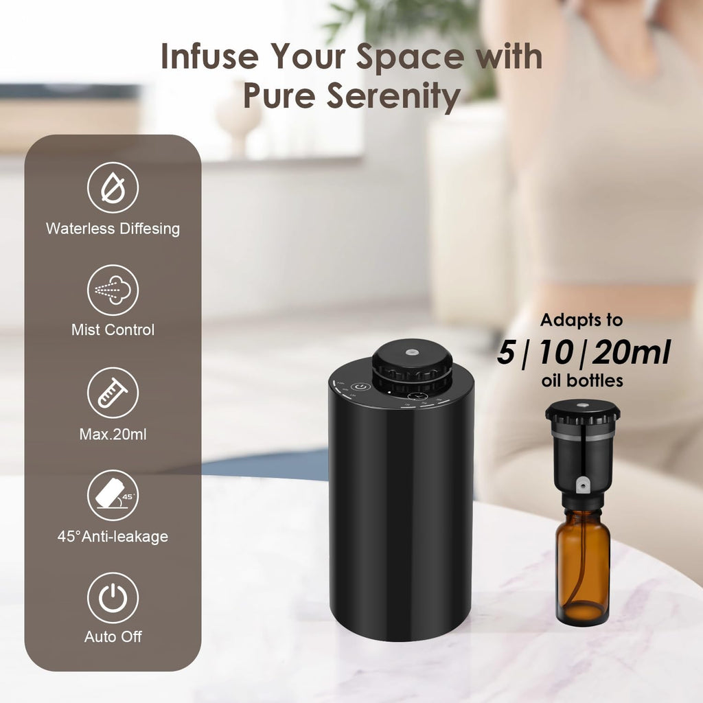 Waterless Diffuser for Essential Oil Nebulizer ，Battery Operated Mini Scent Air Machine ，Aromatherapy Atomizing Diffuser for Home Room Cars Office Black