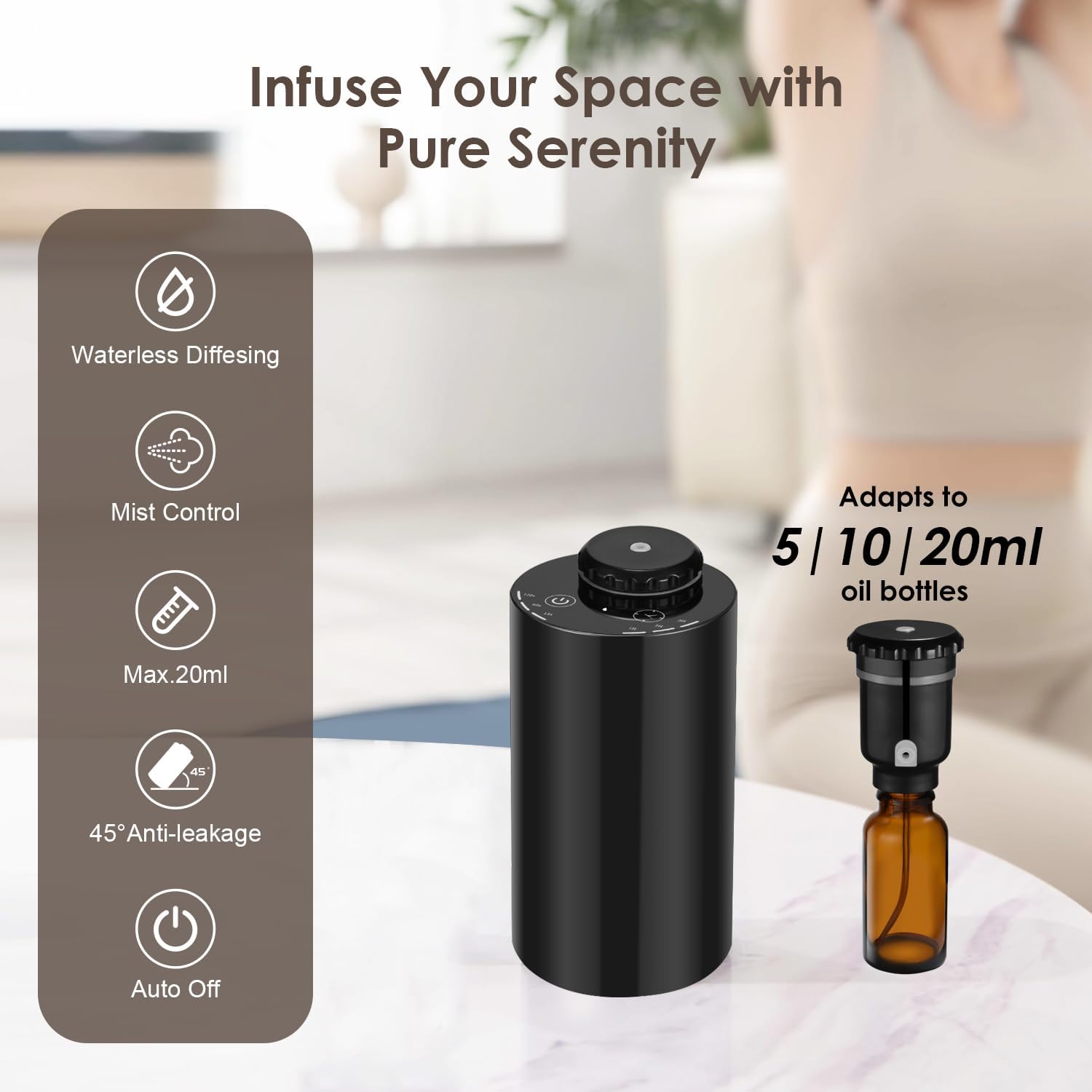 Waterless Diffuser for Essential Oil Nebulizer ，Battery Operated Mini Scent Air Machine ，Aromatherapy Atomizing Diffuser for Home Room Cars Office Black