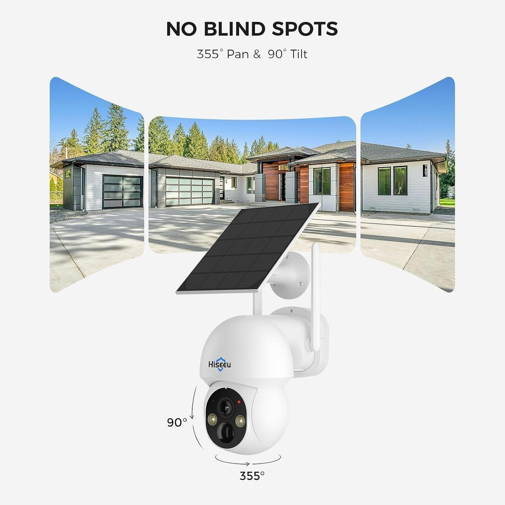 Hiseeu Solar Camera Outdoor, 4MP Wireless Battery Camera, PTZ 360° View, PIR Motion Detection, Color Night Vision, IP66, 2-Way Audio, 2.4G WiFi…