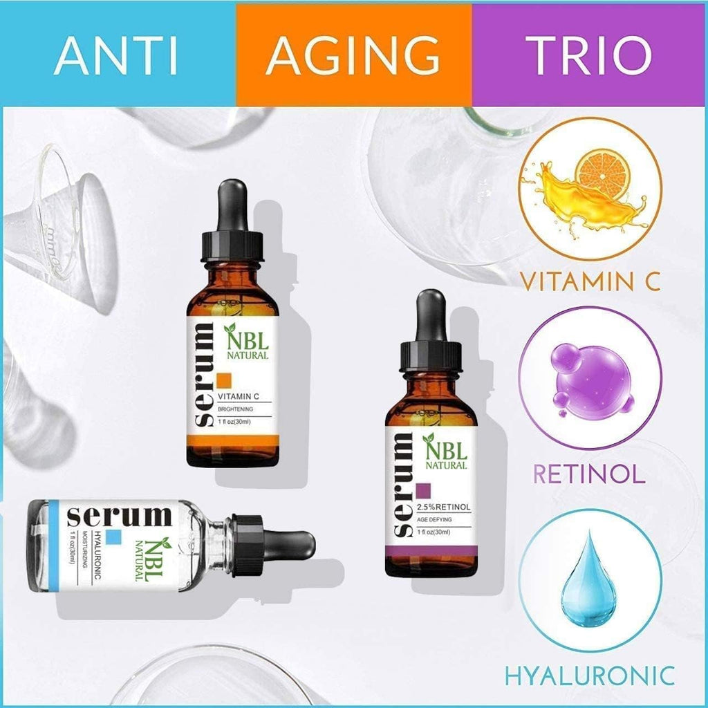 NBL NATURAL Anti Aging Set with Vitamin C Retinol and Hyaluronic Acid Serum for Anti Wrinkle and Dark Circle Remover All Natural and Moisturizing (3 x 30 ML)