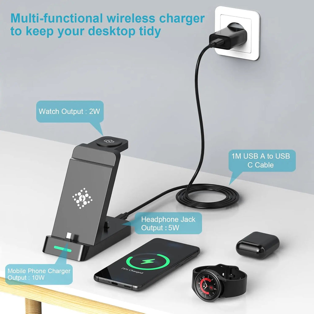 3 in 1 Charging Station for Samsung Watch and Mobile Phone, Wireless Charger for Samsung Galaxy Watch Ultra 7 6 5 Pro 4 3 Active 2 Buds+, Inductive Charging Station Mobile Phone Charger for Samsung