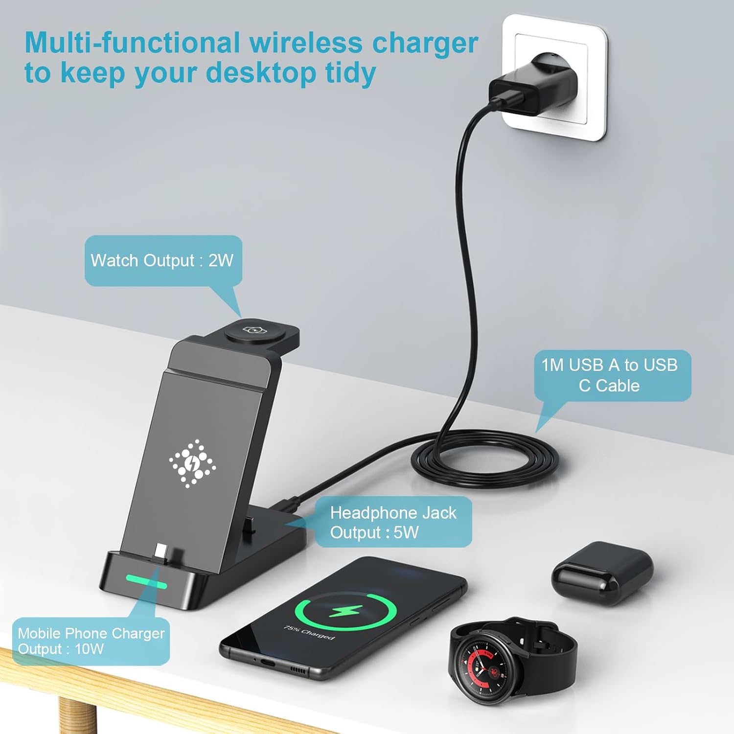 3 in 1 Charging Station for Samsung Watch and Mobile Phone, Wireless Charger for Samsung Galaxy Watch Ultra 7 6 5 Pro 4 3 Active 2 Buds+, Inductive Charging Station Mobile Phone Charger for Samsung