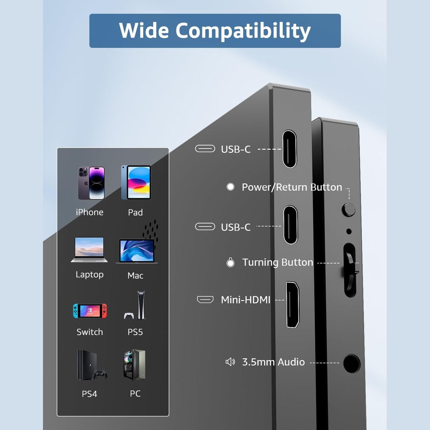 Yodoit Portable Monitor for Laptop 1920×1080 15.6" FHD Travel Monitor Screen IPS Display with USB Type C Port and Built-in Speakers with Cover Monitor Compatible with PC, MacBook, Xbox (Black)