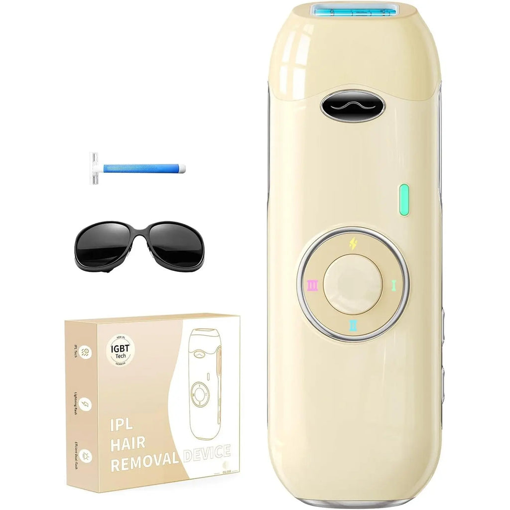 Beige handheld IPL hair removal device with IGBT tech and 3 flash modes