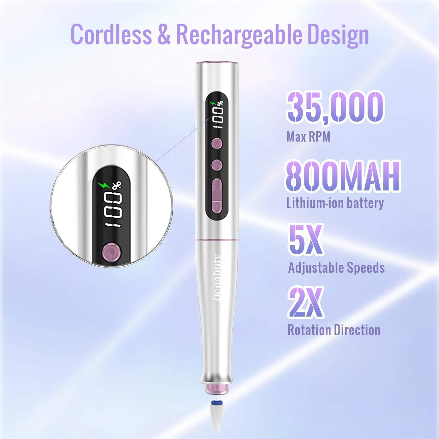 Denabuty Cordless Electric Nail Drill Machine, 13 in 1 Nail File Kit 35000RPM Professional Portable Rechargeable E File for Acrylic Polish Gel Removal Manicure Pedicure Set with 5 Speeds DN-2402