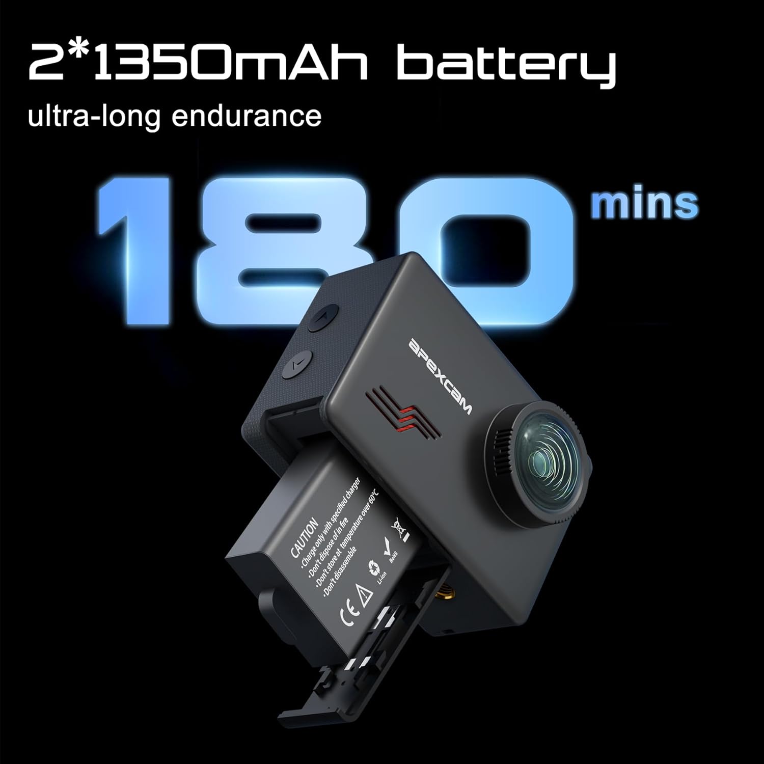 Apexcam New M80PRO Action Cam 4K 64MP EIS Touch Screen with 64GB Waterproof Sports Camera Card Underwater Camera 40M 8X Zoom and 2 x 1350 Batteries Accessories Kit