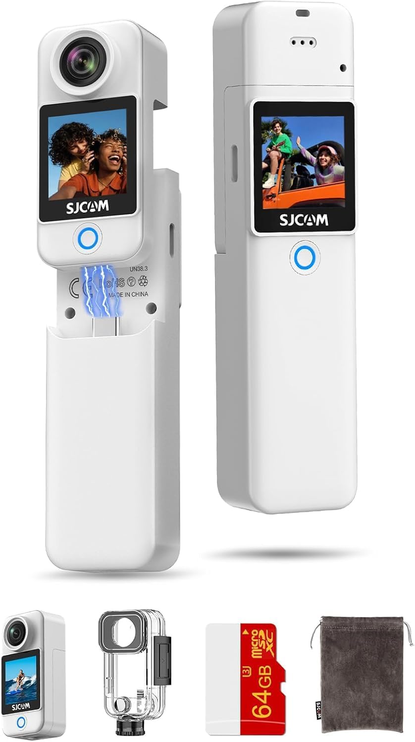 SJCAM C300 4K Action Camera,7H Power,Dual Touch Screen,170°FOV Pocket handheld camera,6-Axis Stabiization POV cam,8x Zoom Wearable Body Cam,3800mAh Vlogging Camera for Live Streaming,64G card,White
