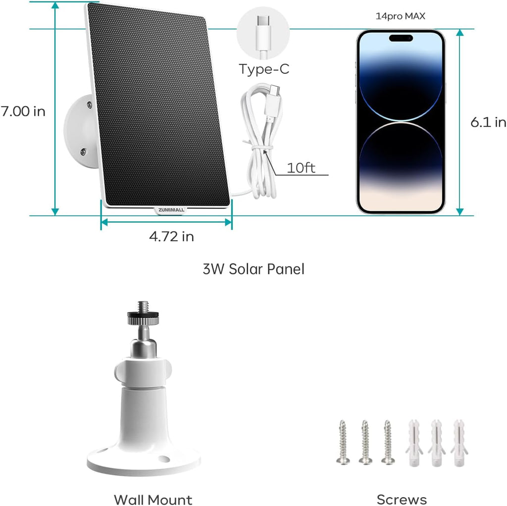 ZUMIMALL Wireless Outdoor WiFi Surveillance Camera - Solar Panel, 360° PTZ Outdoor Camera 2.4GHz, Surveillance Camera with Night Vision Colour, Two-Way Audio, PIR Siren (3MP)