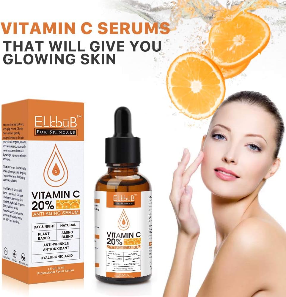 ELBBUB Premium 20% Vitamin C Serum For Face with Hyaluronic Acid, Retinol & Amino Acids - Boost Skin Collagen, Brighten Hydrate & Plump Skin, Anti Aging & Wrinkle Facial Serum