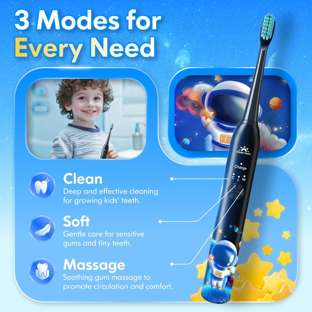 DADA-TECH Kids Electric Toothbrush Rechargeable, Soft Unicorn Tooth Brush with Timer Powered by Sonic Technology for Children Boys and Girls Age 3+, Waterproof and 3 Modes (Astronaut Black)