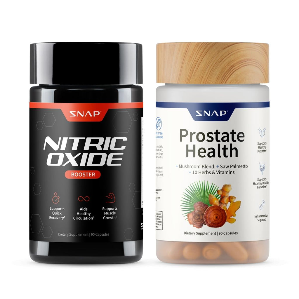 Snap Nitric Oxide Booster and Prostate Health dietary supplement bottles side by side