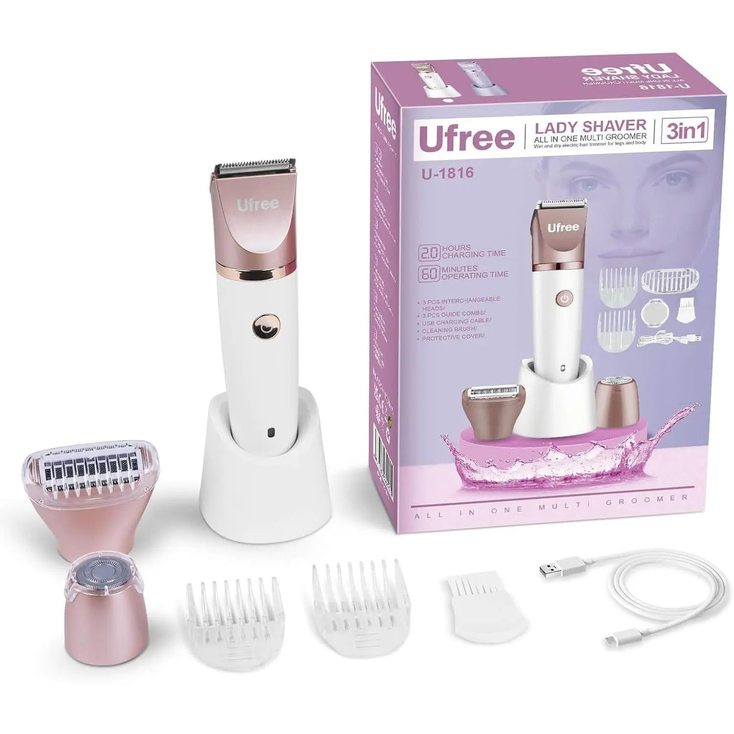 Ufree Bikini Trimmer for Women, Electric Razors Shaver for Face Body Pubic, Wet & Dry Use Grooming Kit, Gentle Hair Removal, 3 in 1 Waterproof and Cordless Hair Trimmer, USB Recharge, Gold