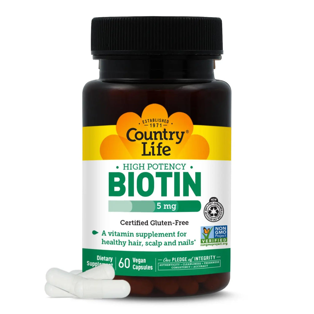 Country Life Biotin 5mg 60 count bottle with integrity pledge and non-GMO verified seal