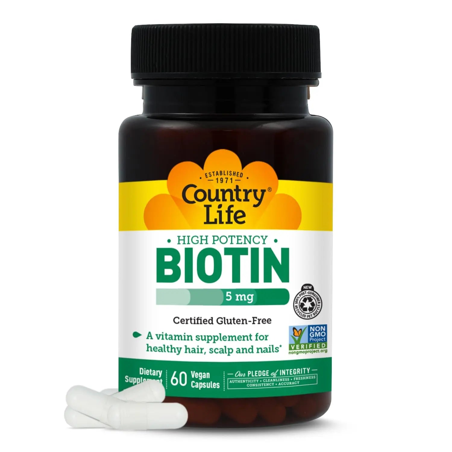 Country Life Biotin 5mg 60 count bottle with integrity pledge and non-GMO verified seal