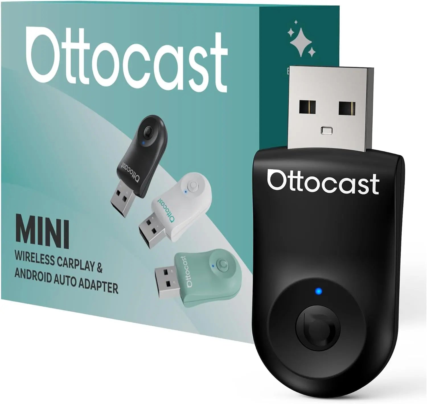 Ottocast Mini Wireless CarPlay Adapter black with blue LED and packaging showing color variants