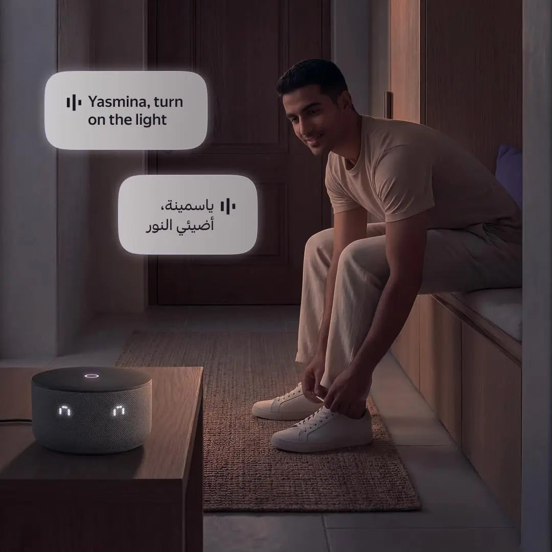 Yango Yasmina Smart Speaker, AI Buddy, Arabic and English, 12W Sound, LED Display, Compact Speaker for Dorm Room and Small Apartment, Grey