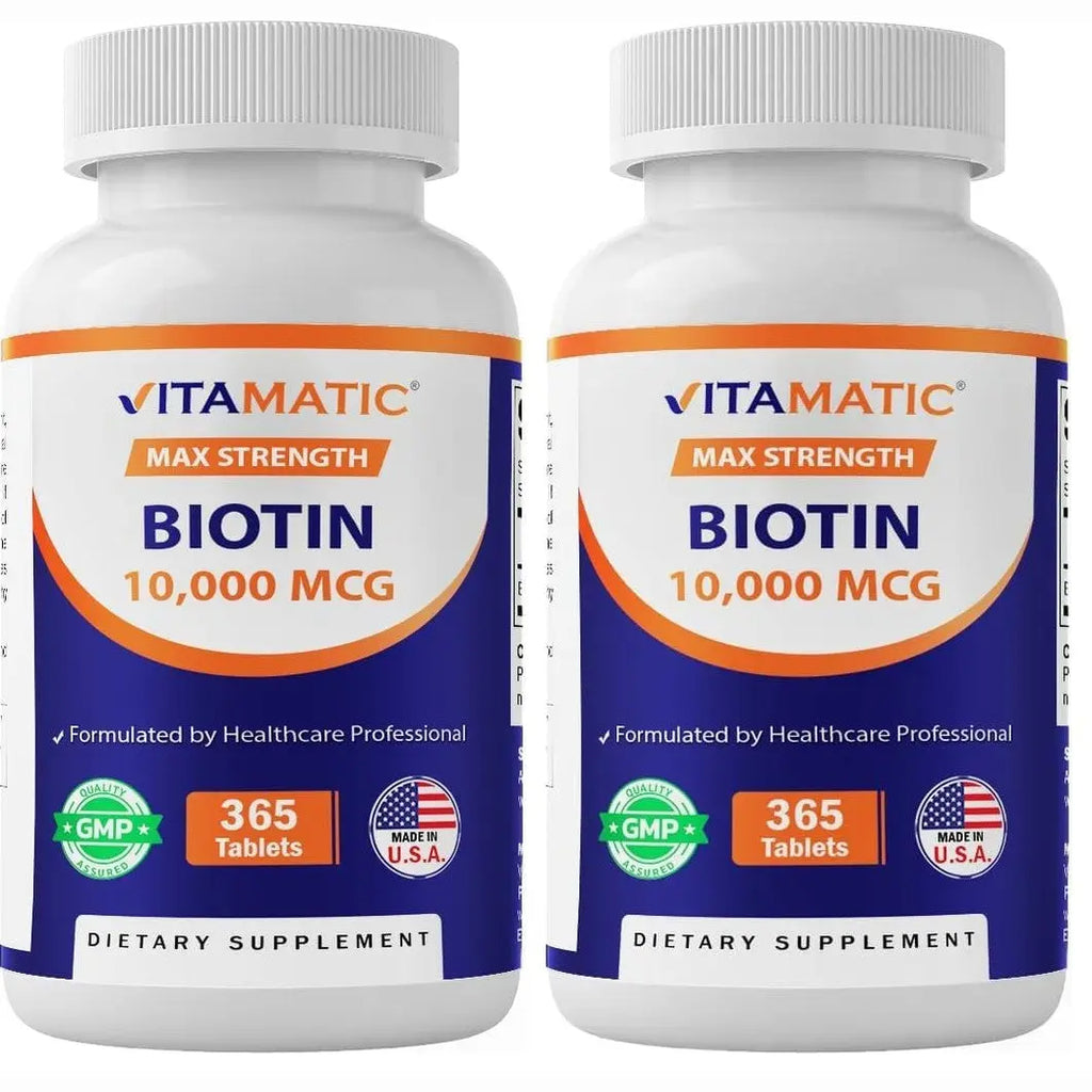Vitamatic Biotin 10,000 mcg (10 mg) for Stronger Hair, Skin & Nails - 365 Vegan Tablets- Also Called Vitamin B7