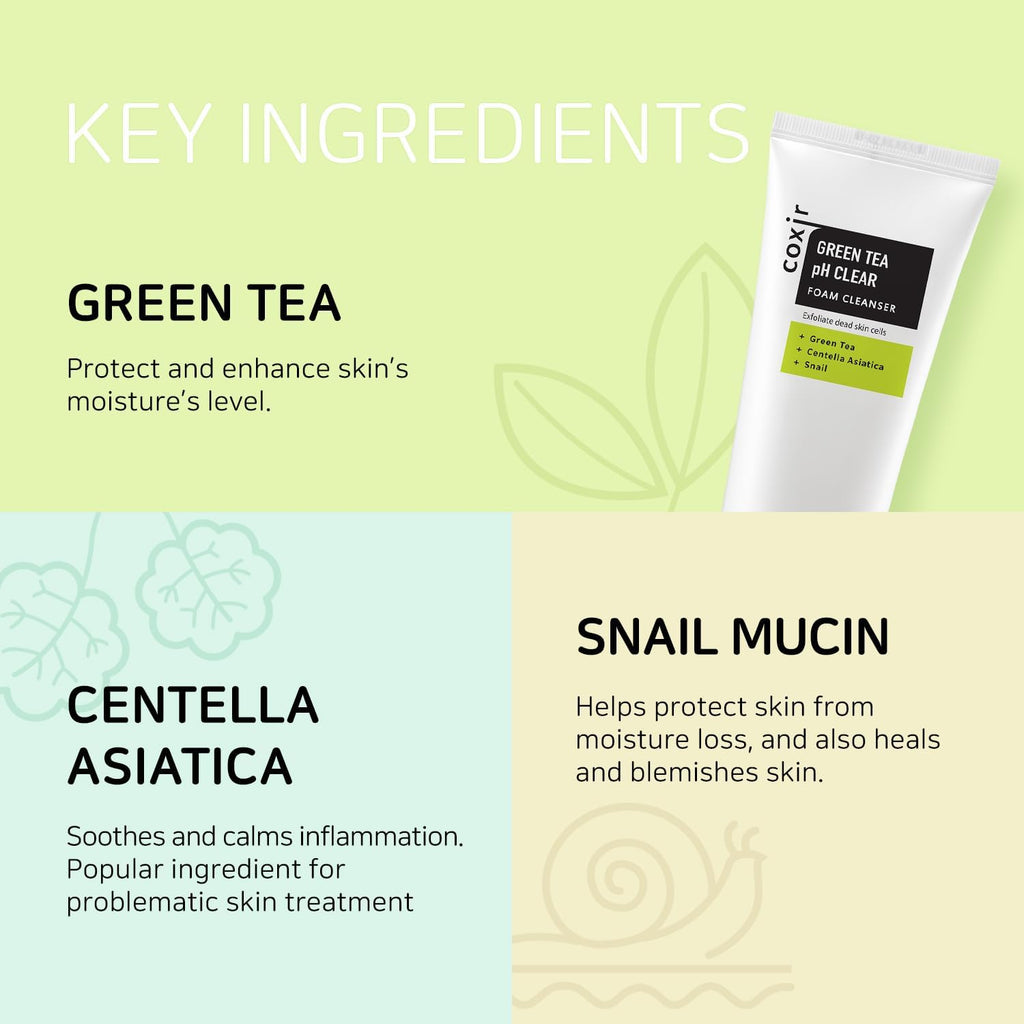 coxir GREENTEA PH CLEAR FOAM CLEANSER 5.07 Fl Oz l Low pH Formula Facial Washes with Gentle Exfoliating l deep cleanses pores and remove dead skin cells on skin