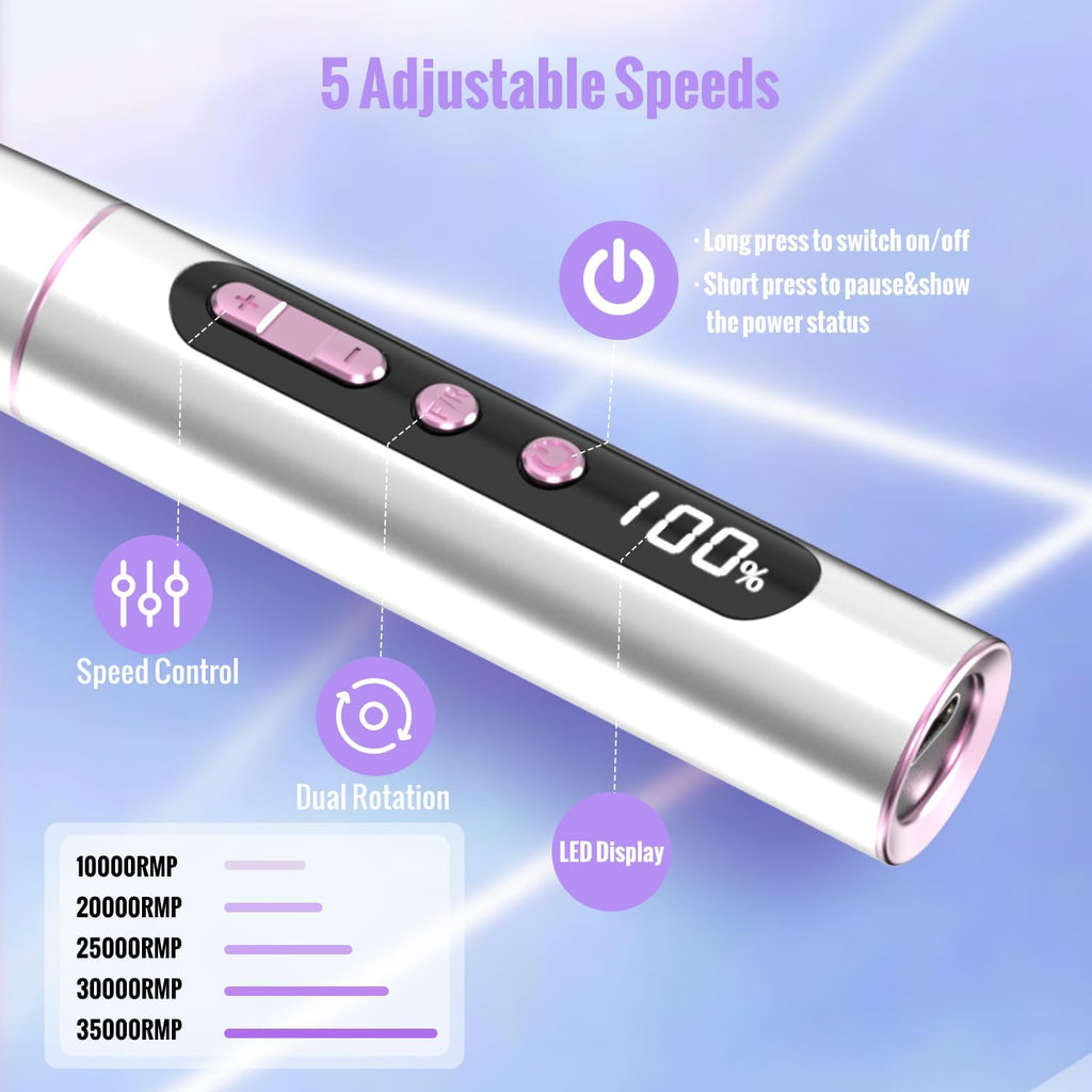 Denabuty Cordless Electric Nail Drill Machine, 13 in 1 Nail File Kit 35000RPM Professional Portable Rechargeable E File for Acrylic Polish Gel Removal Manicure Pedicure Set with 5 Speeds DN-2402