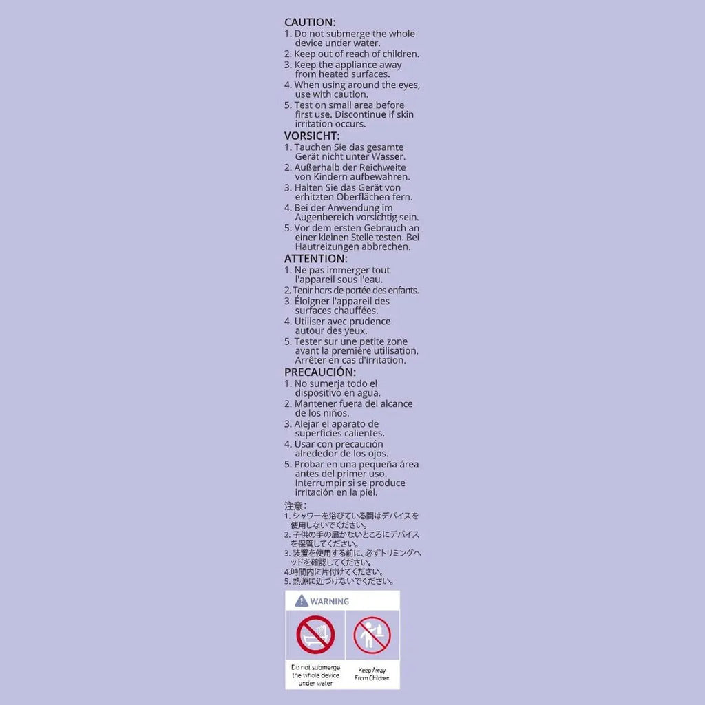 Multilingual safety warning sheet for VG VOGCREST electric shaver showing water and child hazards