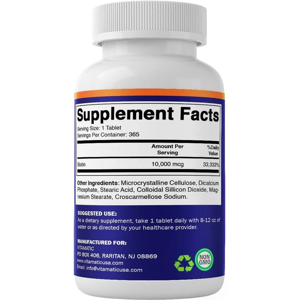 Vitamatic Biotin 10,000 mcg (10 mg) for Stronger Hair, Skin & Nails - 365 Vegan Tablets- Also Called Vitamin B7