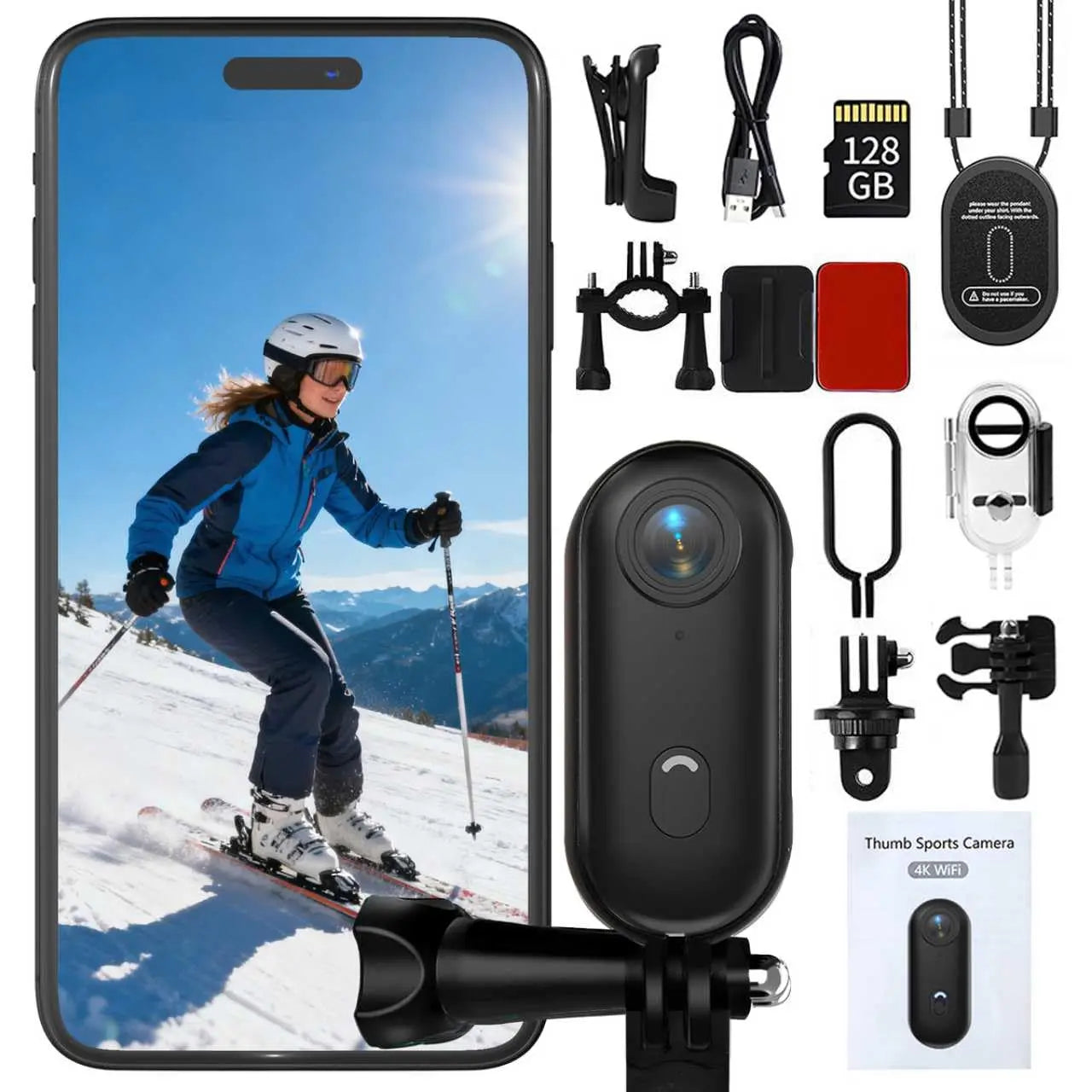 4K Thumb Action Camera | 128G Sports Camera for POV Photoshooting: Waterproof Sports Camera The Size of a Thumb Suitable for Running Cycling Swimming Hiking Adventure Etc (White)