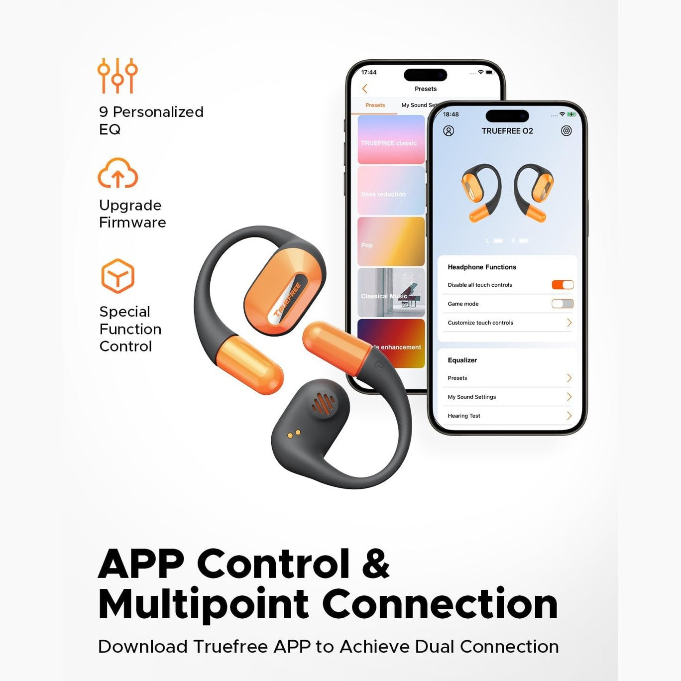 truefree O2 Open Ear Headphones with Directional Acoustics, Ultra-Light Weight, IPX5 Waterproof, 22H Playtime, Multipoint Connection, App Control, Bluetooth 5.3 Wireless Earbuds for Workouts