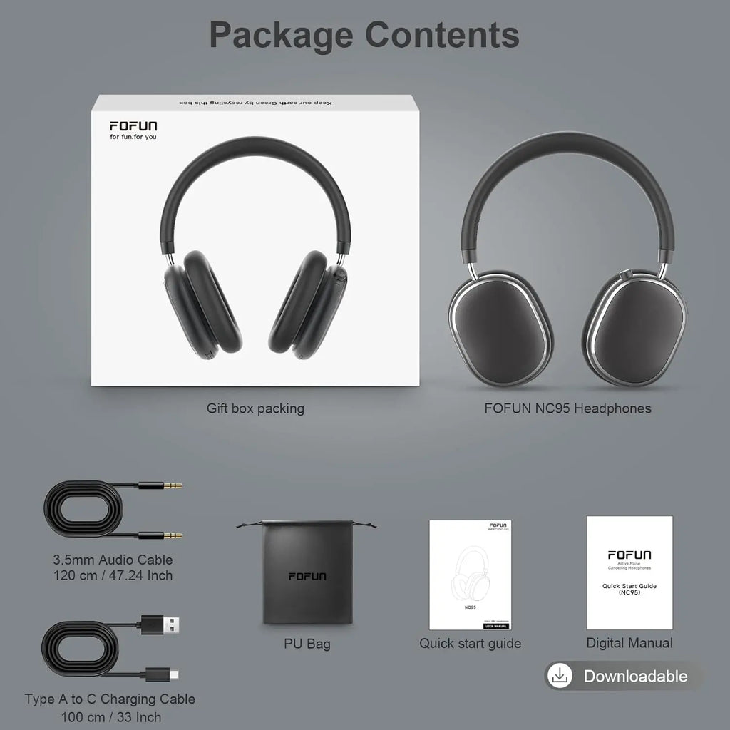 FOFUN NC95 Hybrid Active Noise Cancelling Headphones with Knob Control, 65H Playtime Over Ear Headphones Wireless Bluetooth 6.0, App Control, Hi-Res Audio, Comfort Fit, Clear Calls for Travel/Workout