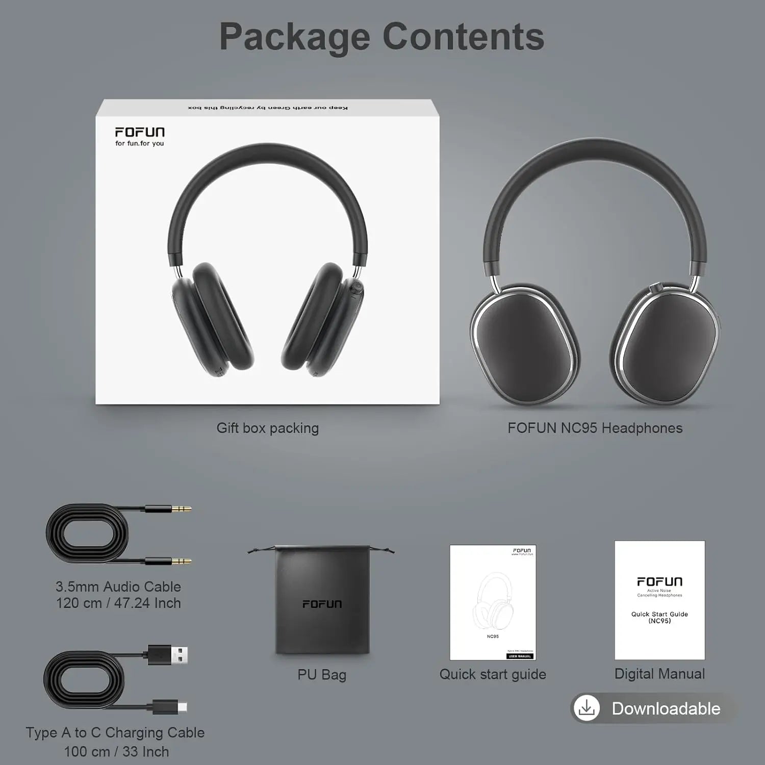 FOFUN NC95 Hybrid Active Noise Cancelling Headphones with Knob Control, 65H Playtime Over Ear Headphones Wireless Bluetooth 6.0, App Control, Hi-Res Audio, Comfort Fit, Clear Calls for Travel/Workout